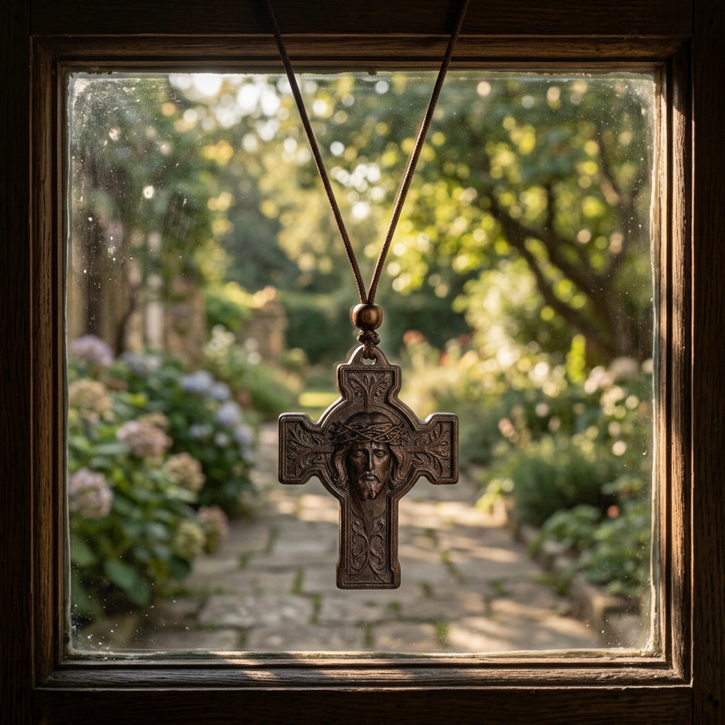 Holy Face of Jesus Cross Necklace – Handmade Reclaimed Ebony Wood Pendant