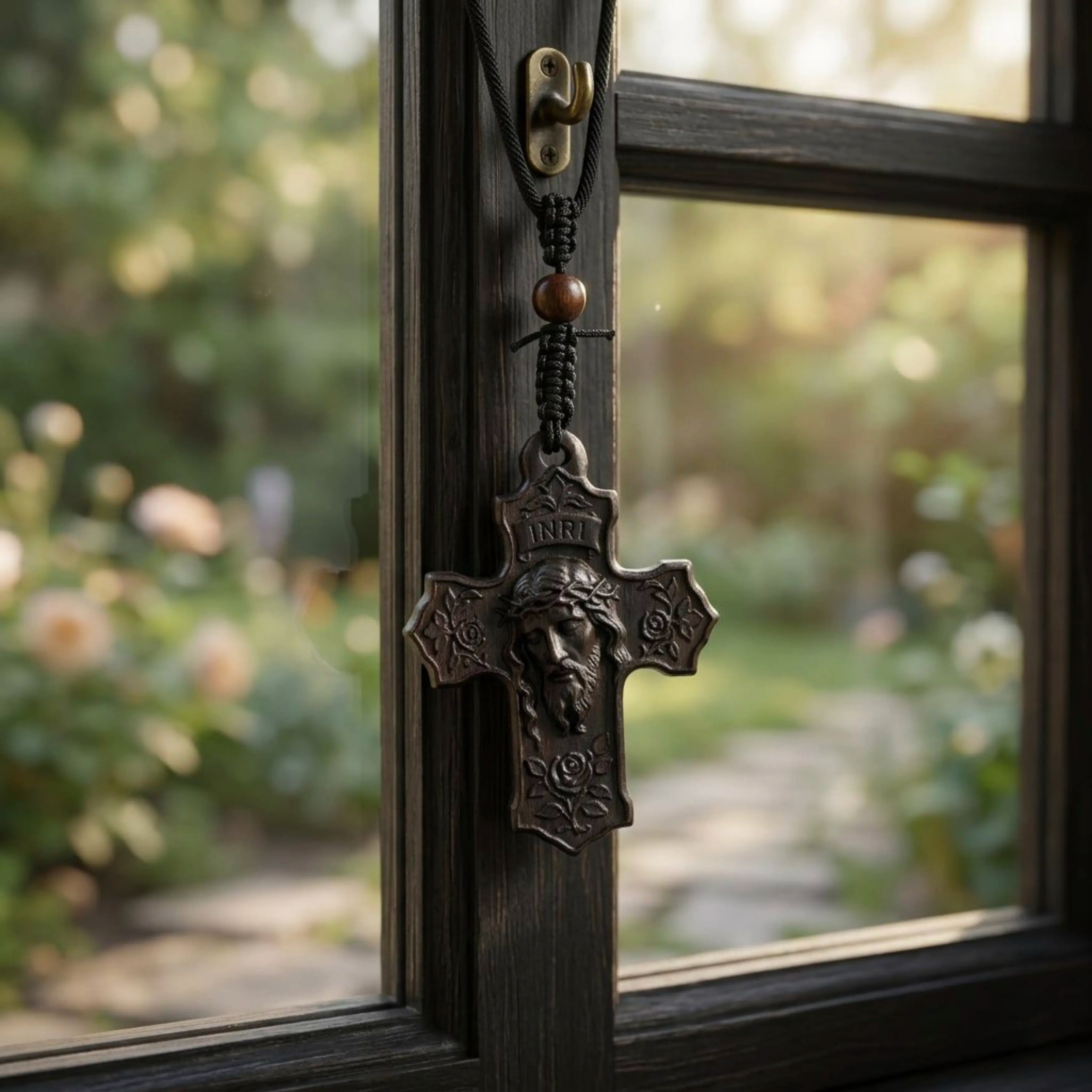 Rose Jesus Cross Necklace – Handmade Reclaimed Ebony Wood Pendant