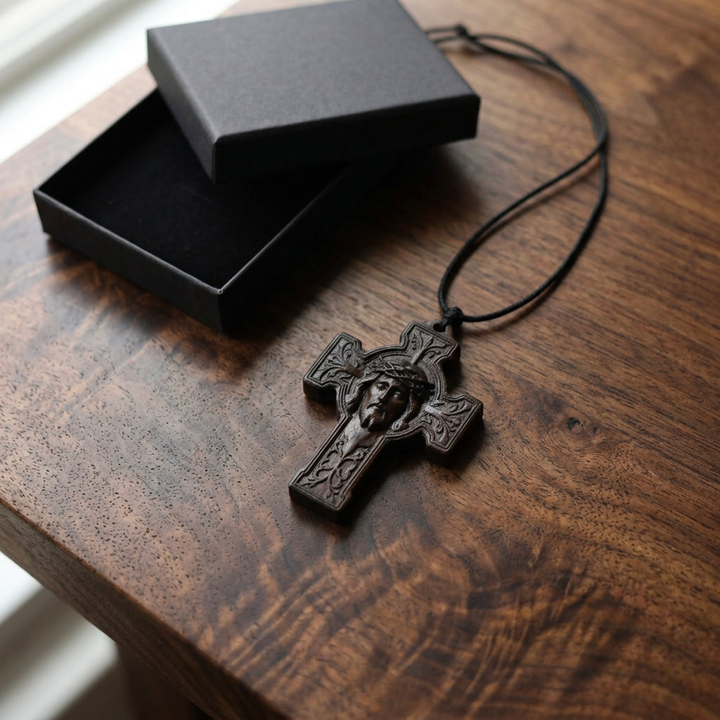 Holy Face of Jesus Cross Necklace – Handmade Reclaimed Ebony Wood Pendant