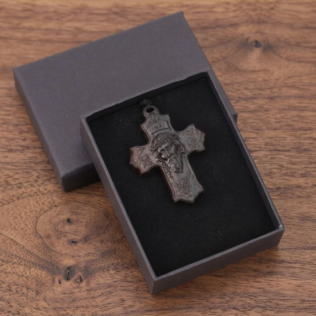 Rose Jesus Cross Necklace – Handmade Reclaimed Ebony Wood Pendant