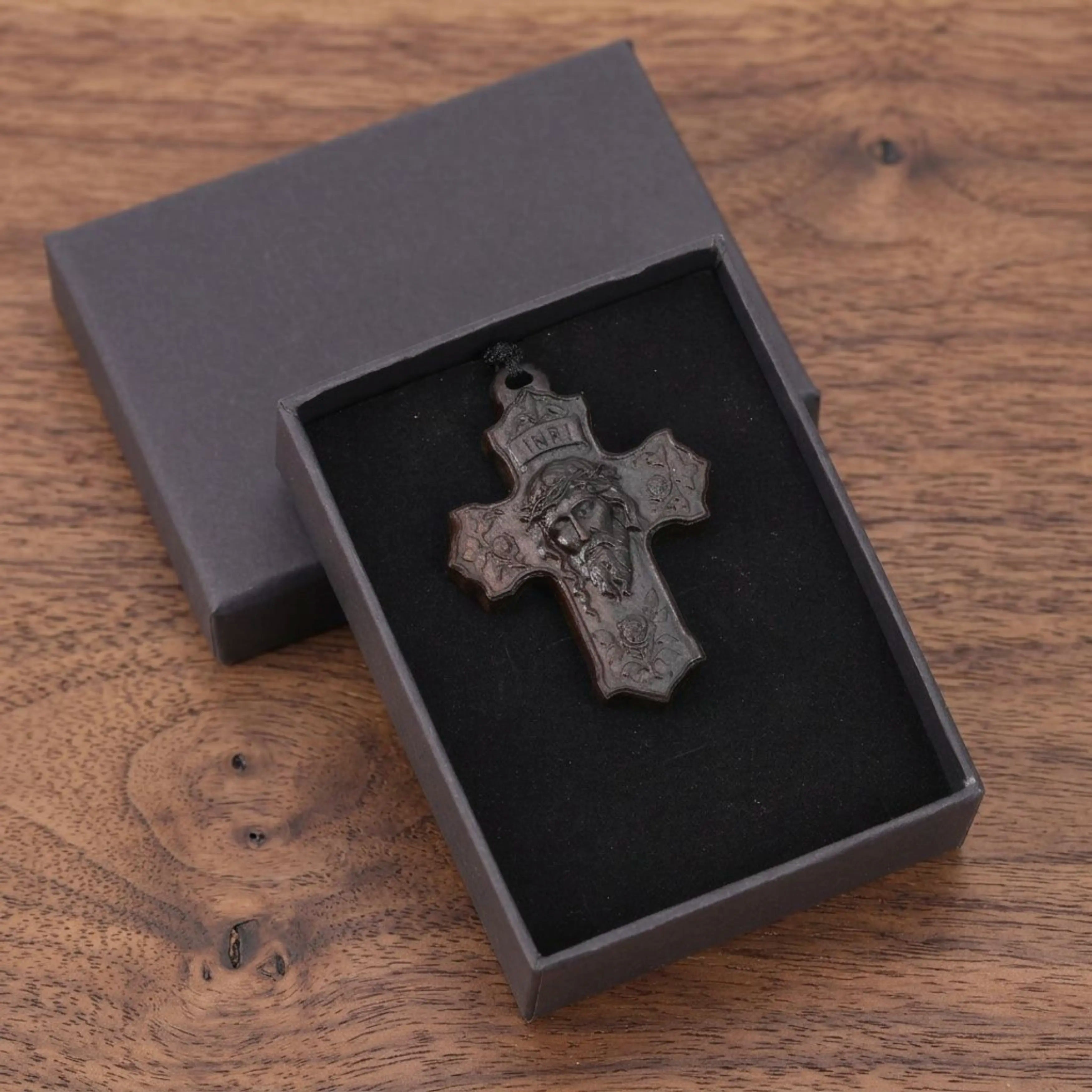 Rose Jesus Cross Necklace – Handmade Reclaimed Ebony Wood Pendant
