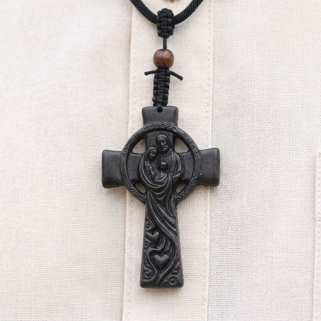 Holy Family Celtic Cross Necklace – Handmade Reclaimed Ebony Wood Pendant