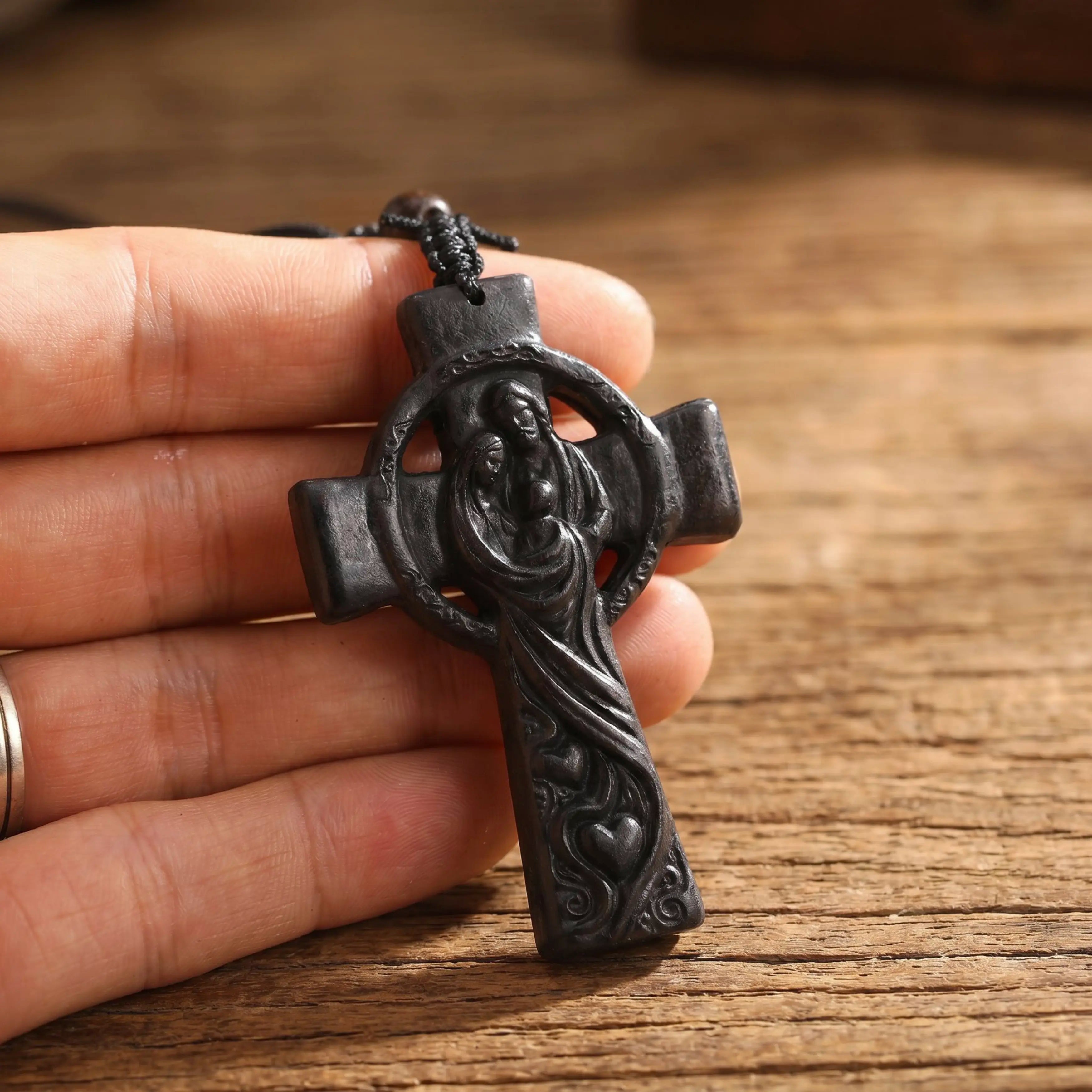Holy Family Celtic Cross Necklace – Handmade Reclaimed Ebony Wood Pendant