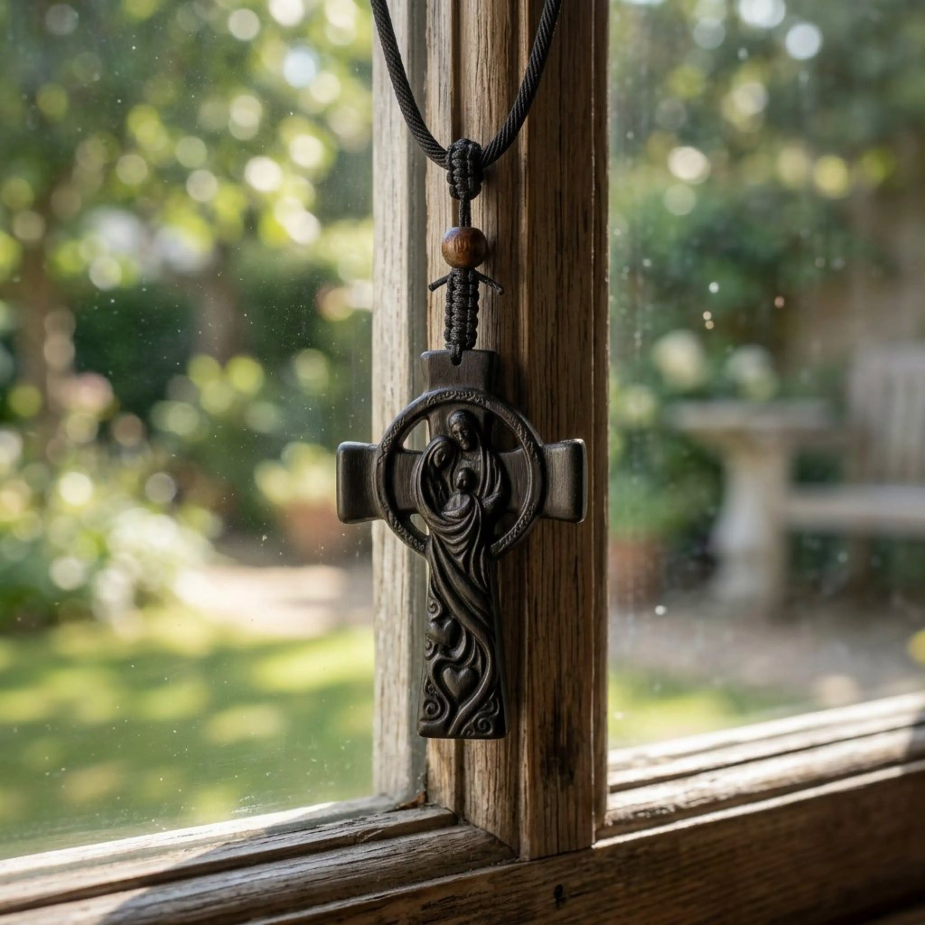 Holy Family Celtic Cross Necklace – Handmade Reclaimed Ebony Wood Pendant