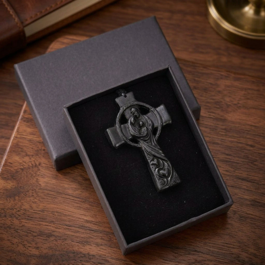 Holy Family Celtic Cross Necklace – Handmade Reclaimed Ebony Wood Pendant