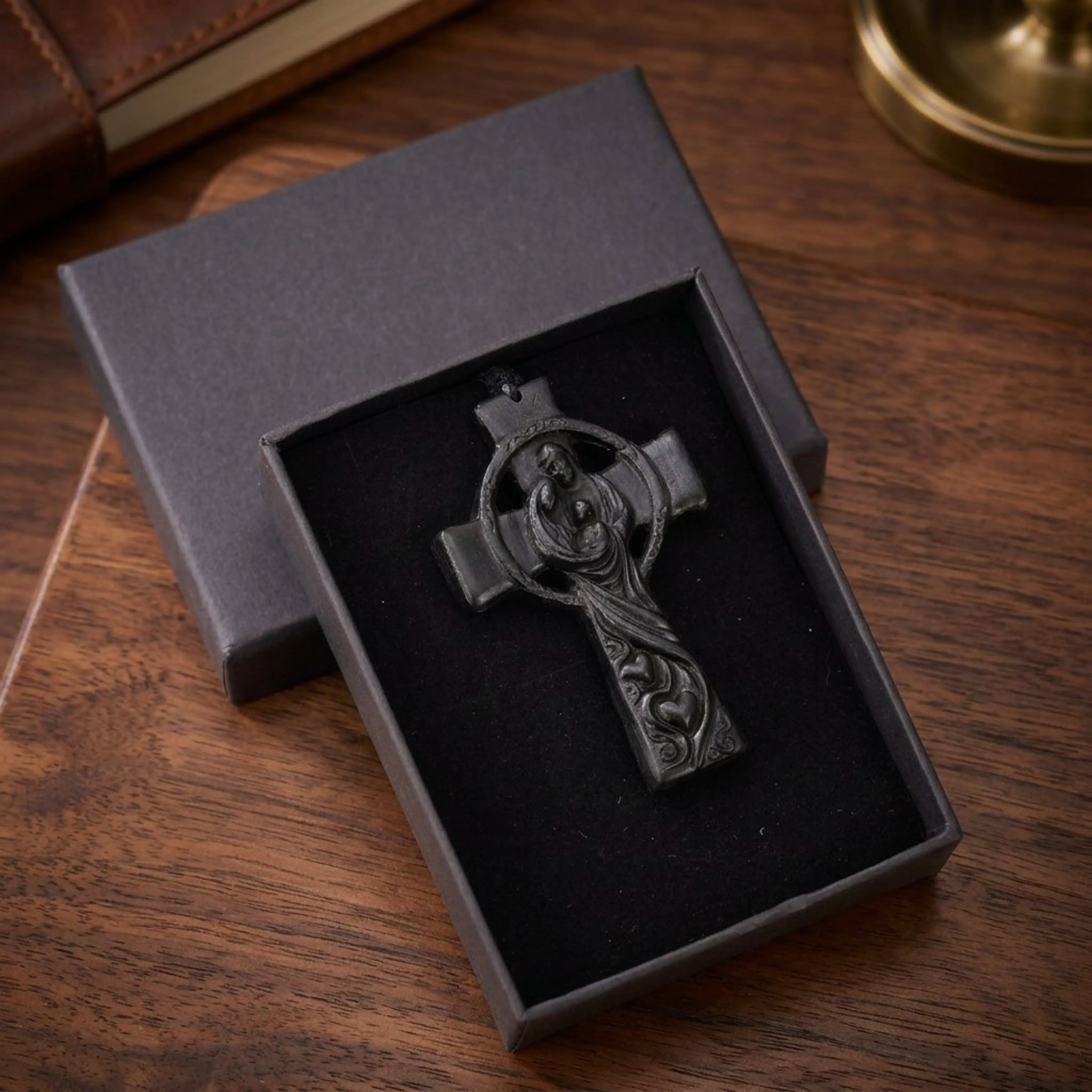 Holy Family Celtic Cross Necklace – Handmade Reclaimed Ebony Wood Pendant