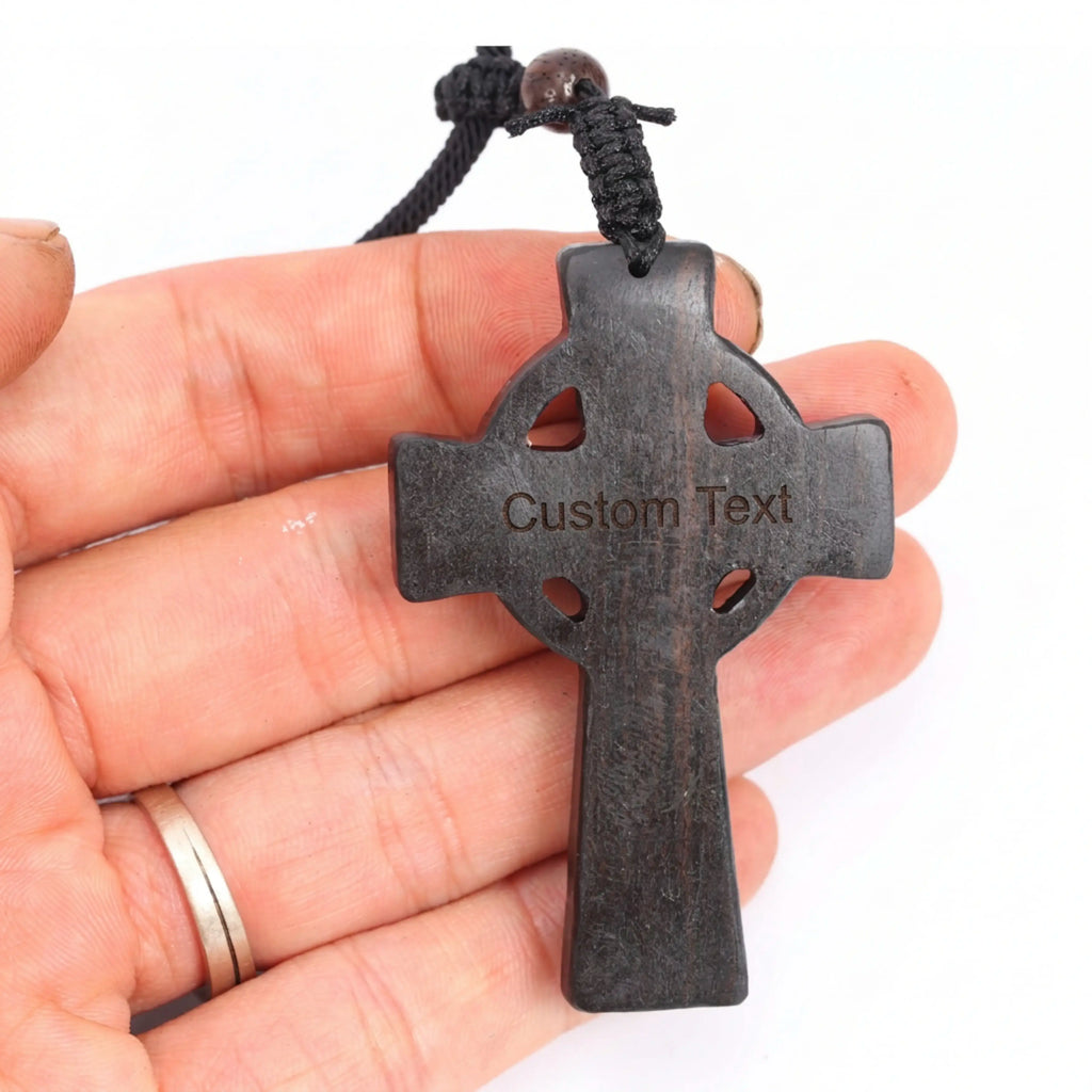 Holy Family Celtic Cross Necklace – Handmade Reclaimed Ebony Wood Pendant