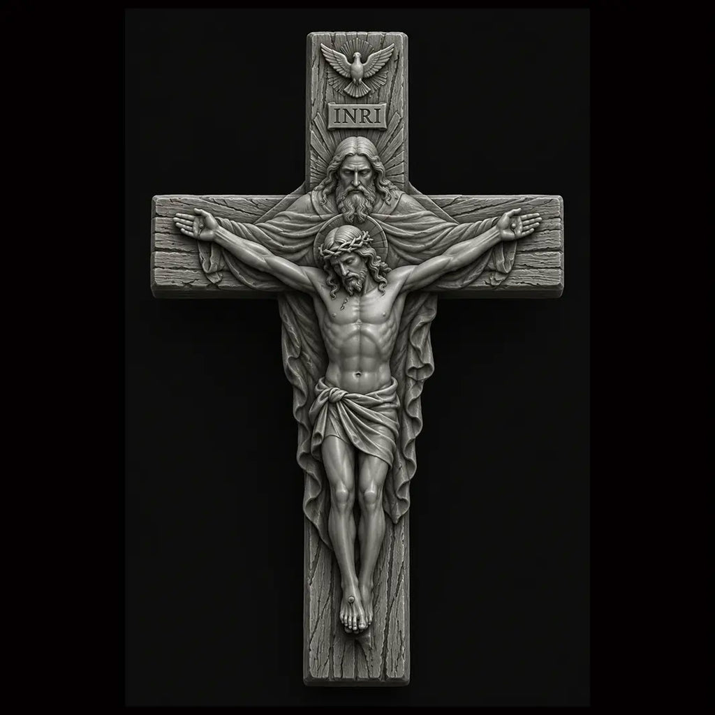 Holy Trinity Cross 3D STL Model - Sacred Relief File for CNC & 3D Printing