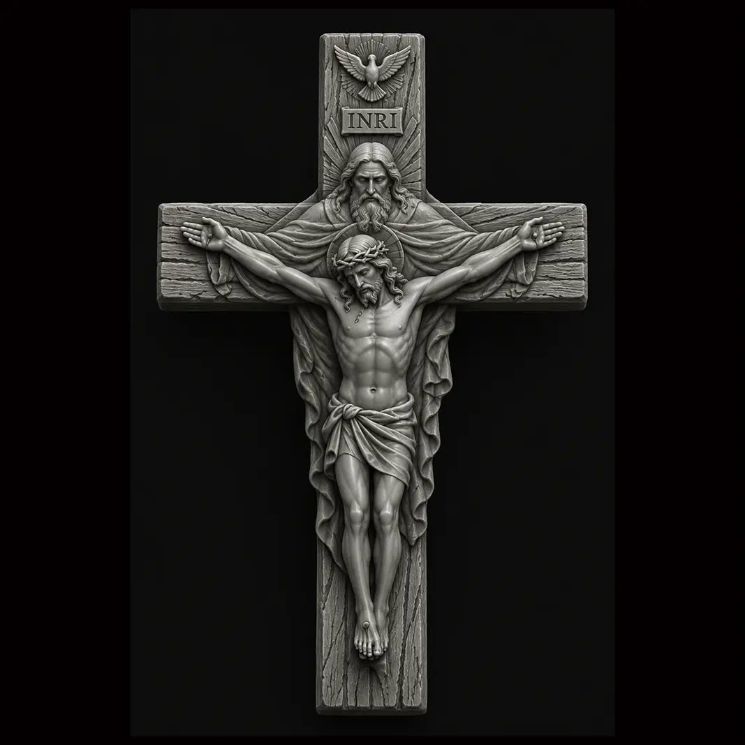 Holy Trinity Cross 3D STL Model - Sacred Relief File for CNC & 3D Printing
