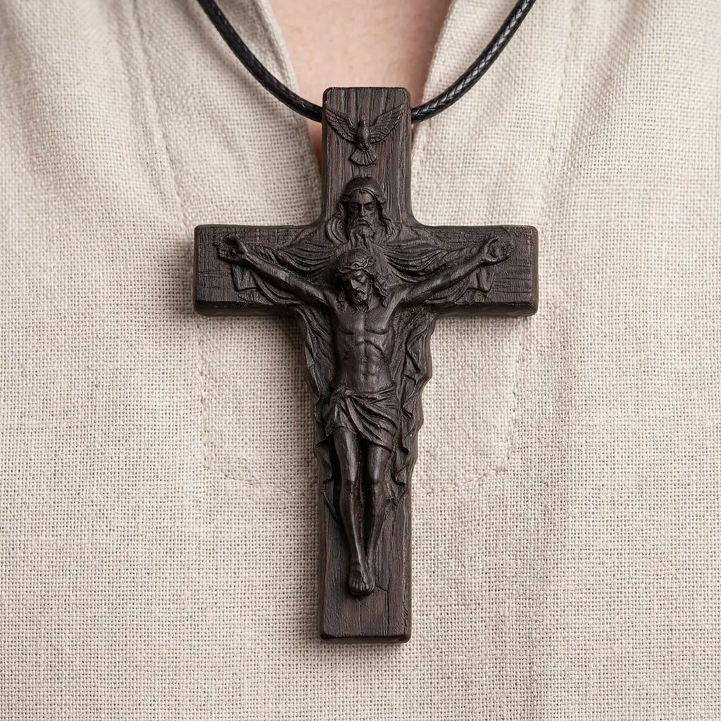 Handcrafted Ebony Wood Holy Trinity Cross Necklace Pendant – Personalized Catholic Christian Cross