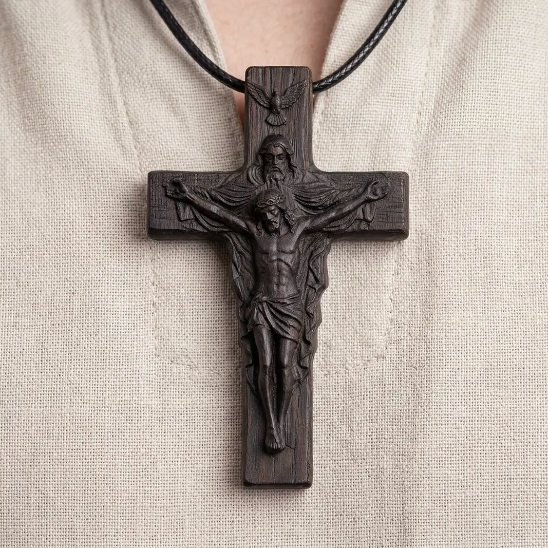 Handcrafted Ebony Wood Holy Trinity Cross Necklace Pendant – Personalized Catholic Christian Cross