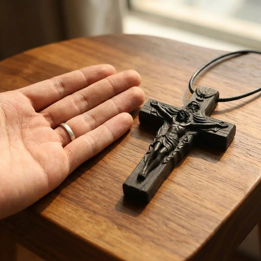 Handcrafted Ebony Wood Holy Trinity Cross Necklace Pendant – Personalized Catholic Christian Cross