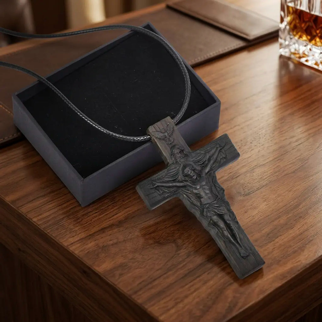 Handcrafted Ebony Wood Holy Trinity Cross Necklace Pendant – Personalized Catholic Christian Cross