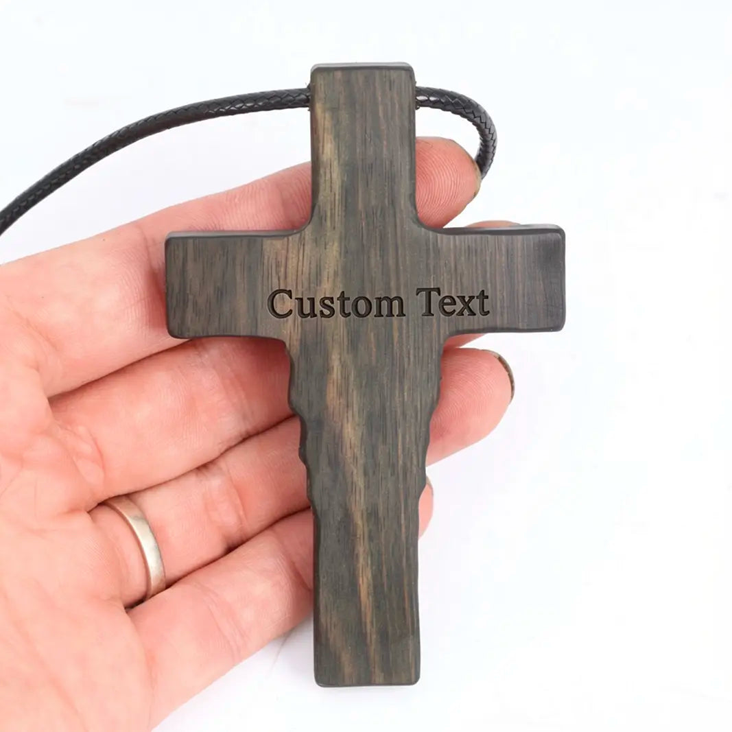 Handcrafted Ebony Wood Holy Trinity Cross Necklace Pendant – Personalized Catholic Christian Cross