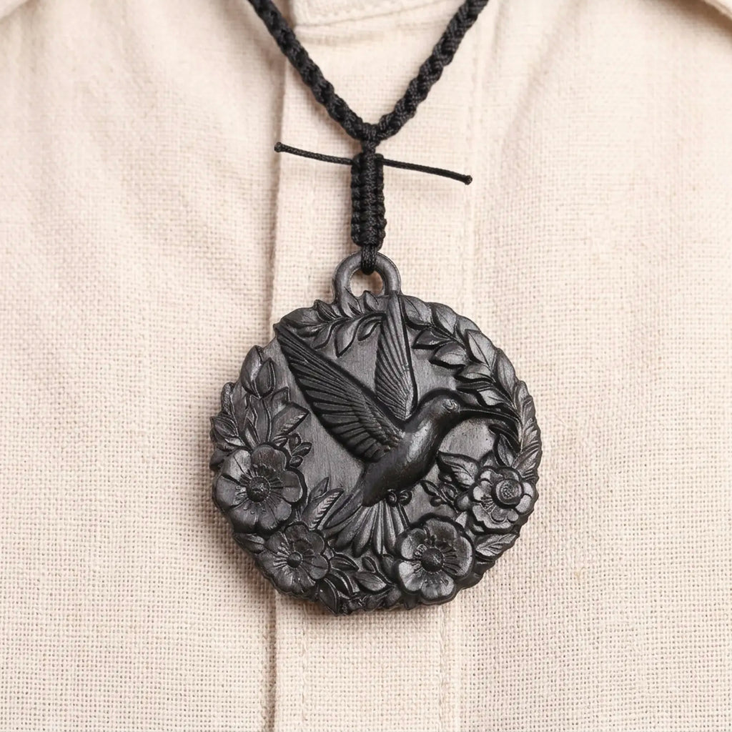 Hummingbird with Flowers Necklace – Handcrafted Reclaimed Ebony Wood Pendant