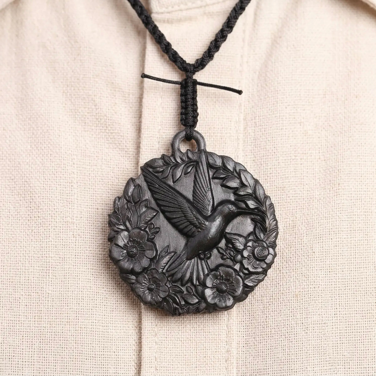 Hummingbird with Flowers Necklace – Handcrafted Reclaimed Ebony Wood Pendant