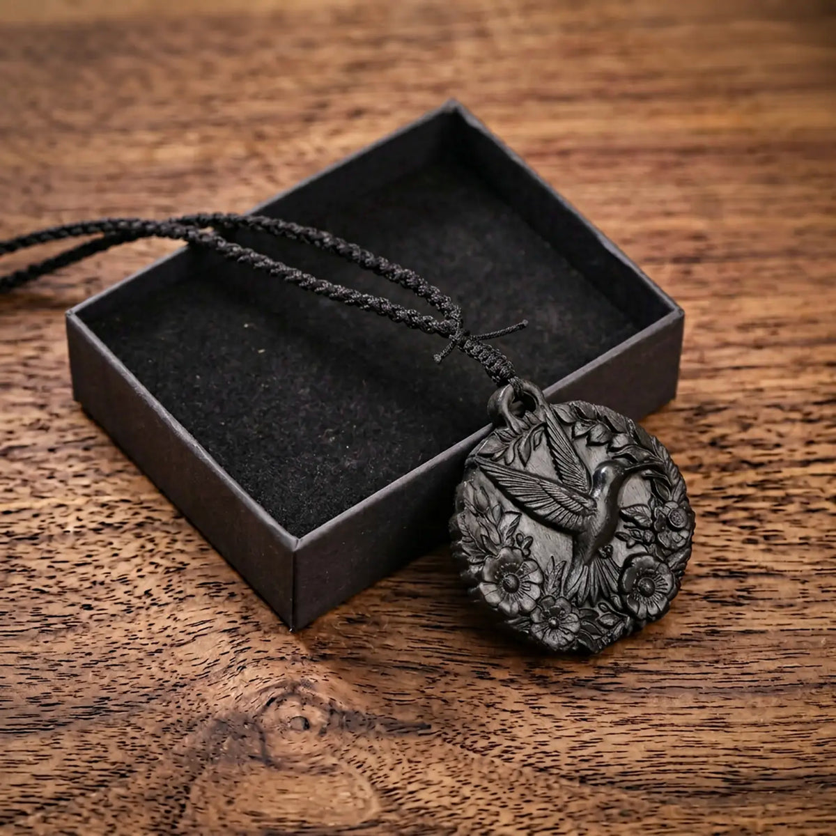 Hummingbird with Flowers Necklace – Handcrafted Reclaimed Ebony Wood Pendant