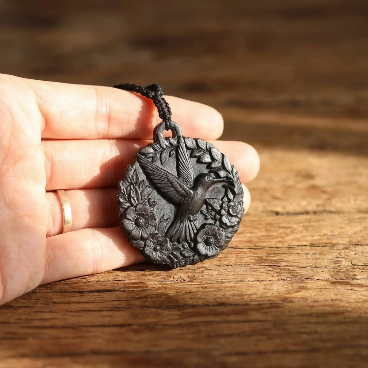 Hummingbird with Flowers Necklace – Handcrafted Reclaimed Ebony Wood Pendant