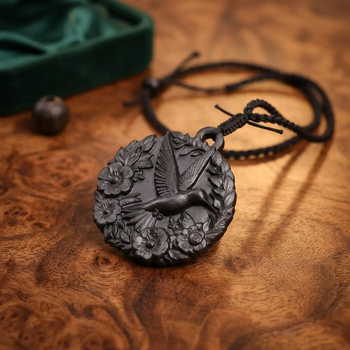 Hummingbird with Flowers Necklace – Handcrafted Reclaimed Ebony Wood Pendant