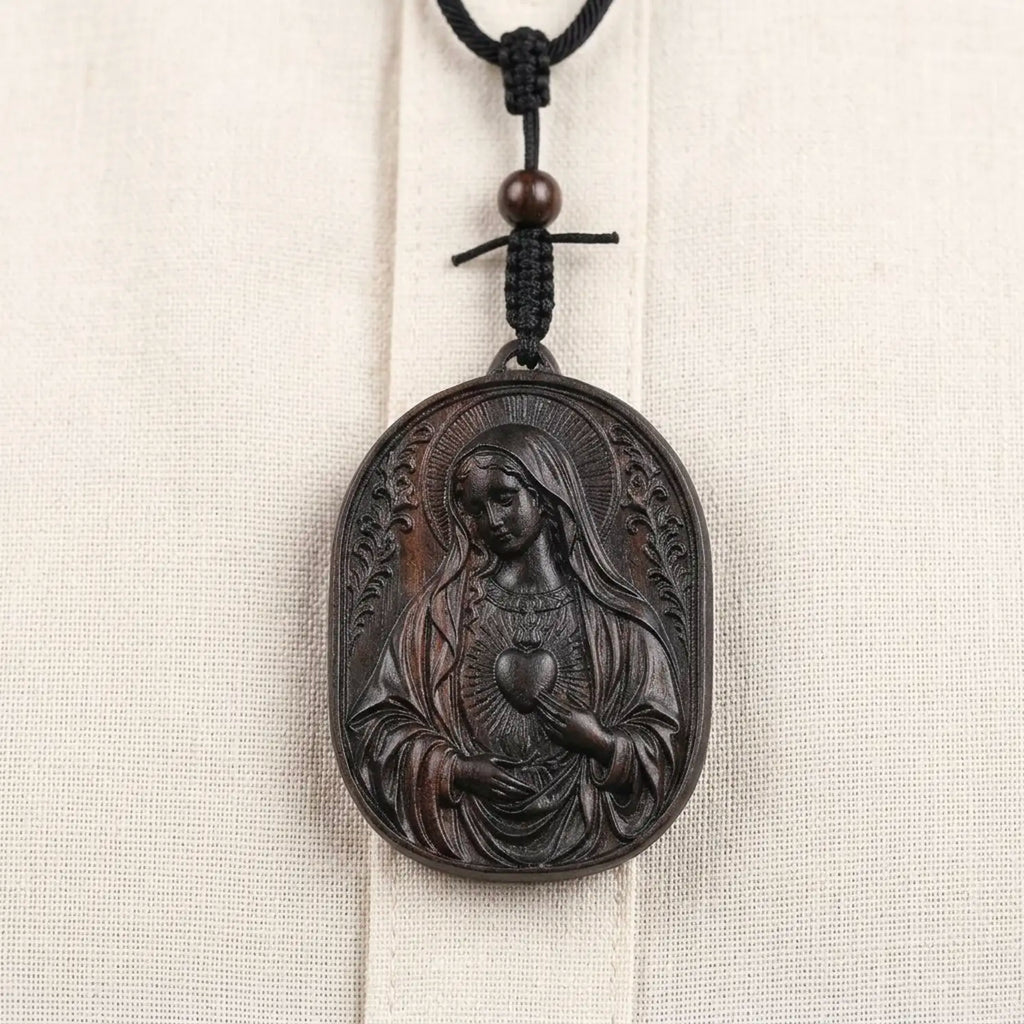 Handcrafted Ebony Wood Immaculate Heart of Mary Pendant Necklace – Personalized Catholic Jewelry