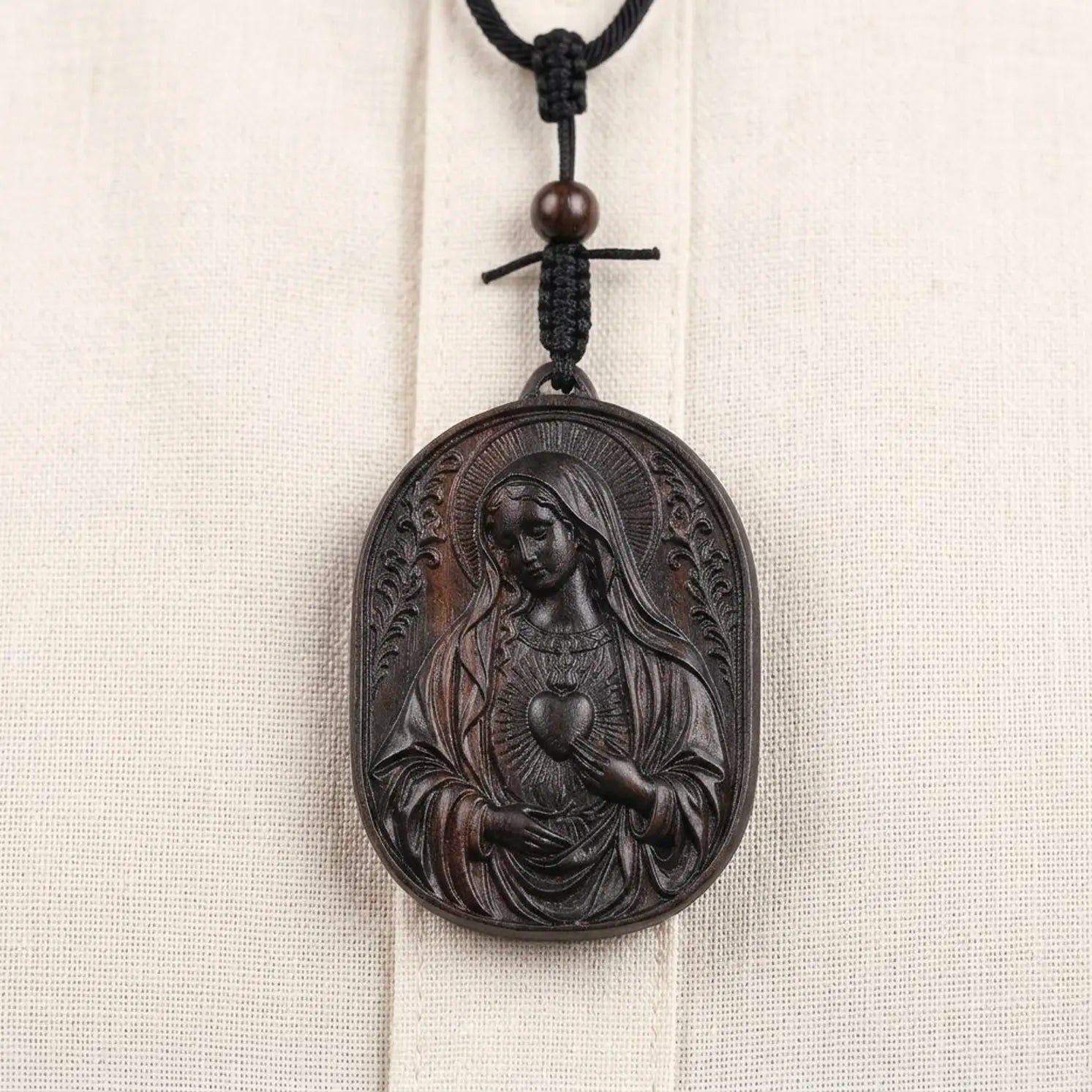 Handcrafted Ebony Wood Immaculate Heart of Mary Pendant Necklace – Personalized Catholic Jewelry
