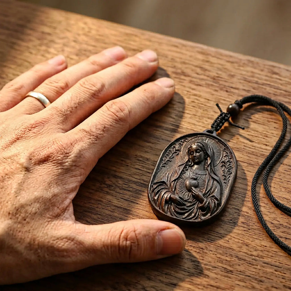 Handcrafted Ebony Wood Immaculate Heart of Mary Pendant Necklace – Personalized Catholic Jewelry