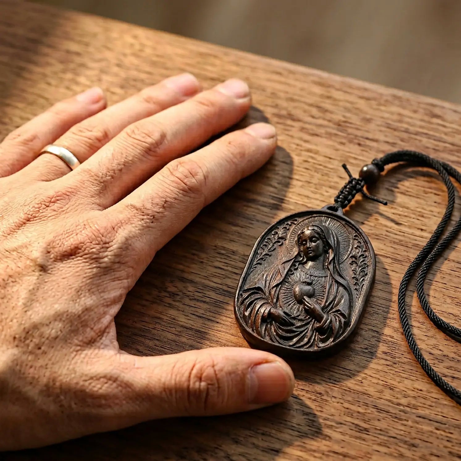 Handcrafted Ebony Wood Immaculate Heart of Mary Pendant Necklace – Personalized Catholic Jewelry