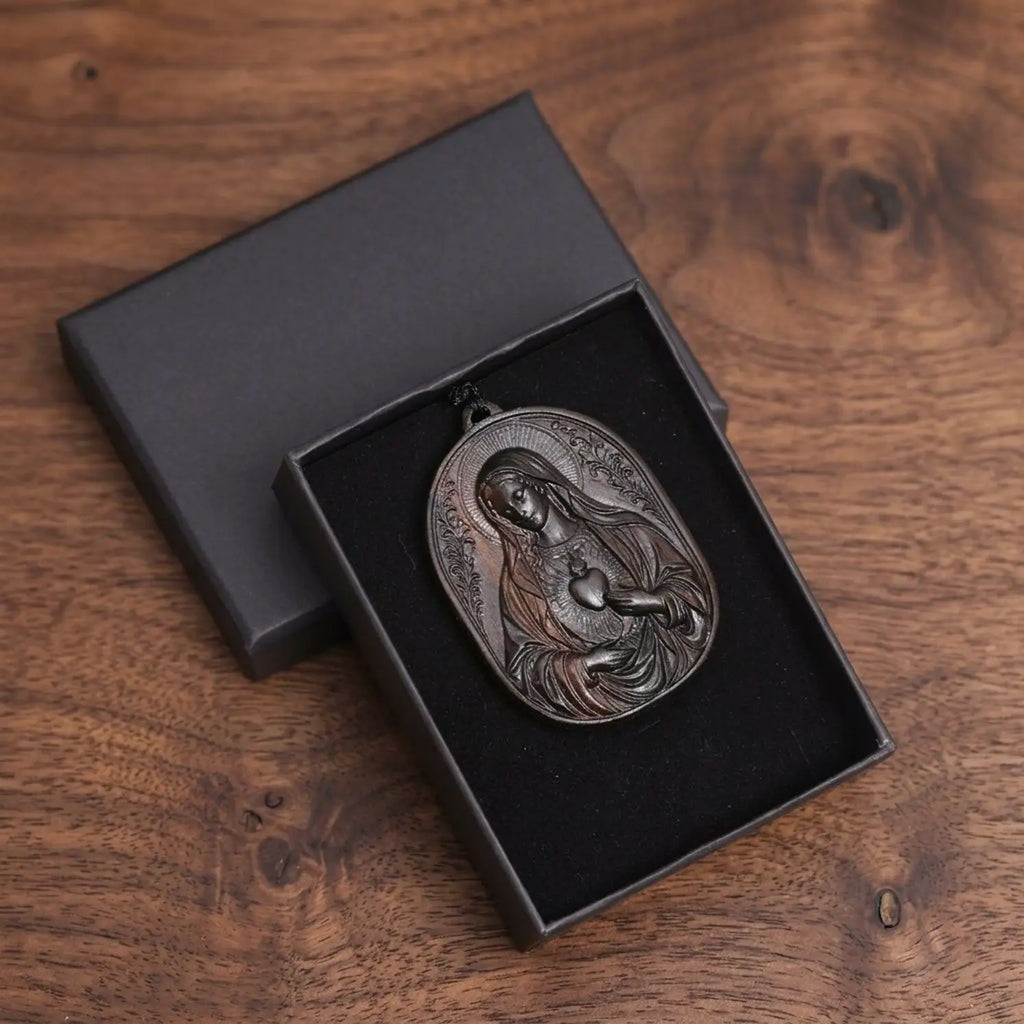 Handcrafted Ebony Wood Immaculate Heart of Mary Pendant Necklace – Personalized Catholic Jewelry