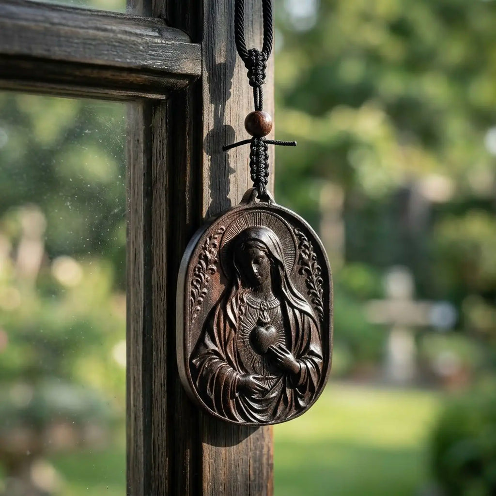 Handcrafted Ebony Wood Immaculate Heart of Mary Pendant Necklace – Personalized Catholic Jewelry