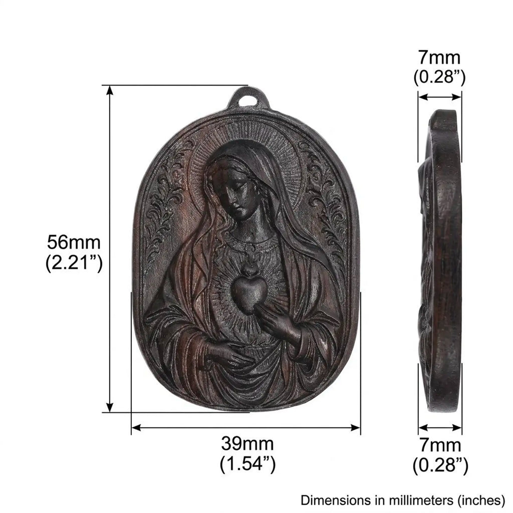 Handcrafted Ebony Wood Immaculate Heart of Mary Pendant Necklace – Personalized Catholic Jewelry