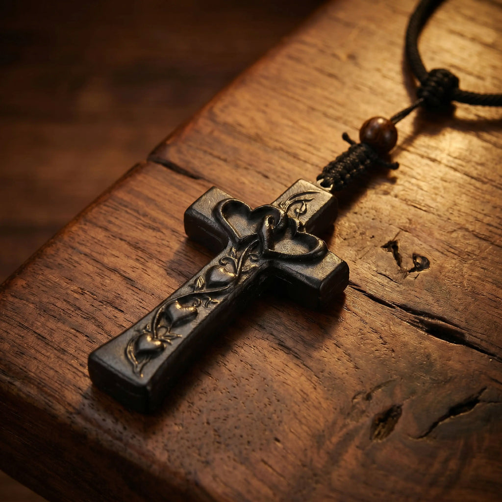 Interlocking Hearts Cross Necklace – Handmade Reclaimed Ebony Wood Pendant