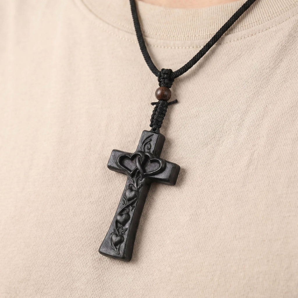 Interlocking Hearts Cross Necklace – Handmade Reclaimed Ebony Wood Pendant