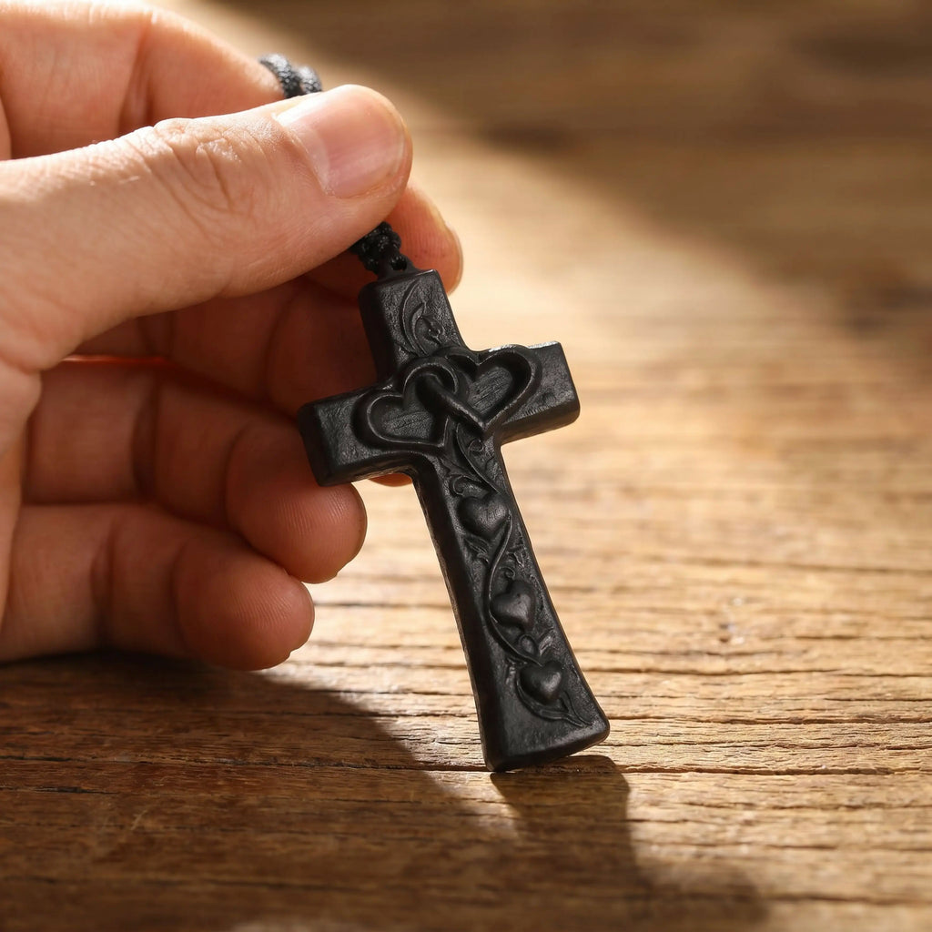 Interlocking Hearts Cross Necklace – Handmade Reclaimed Ebony Wood Pendant
