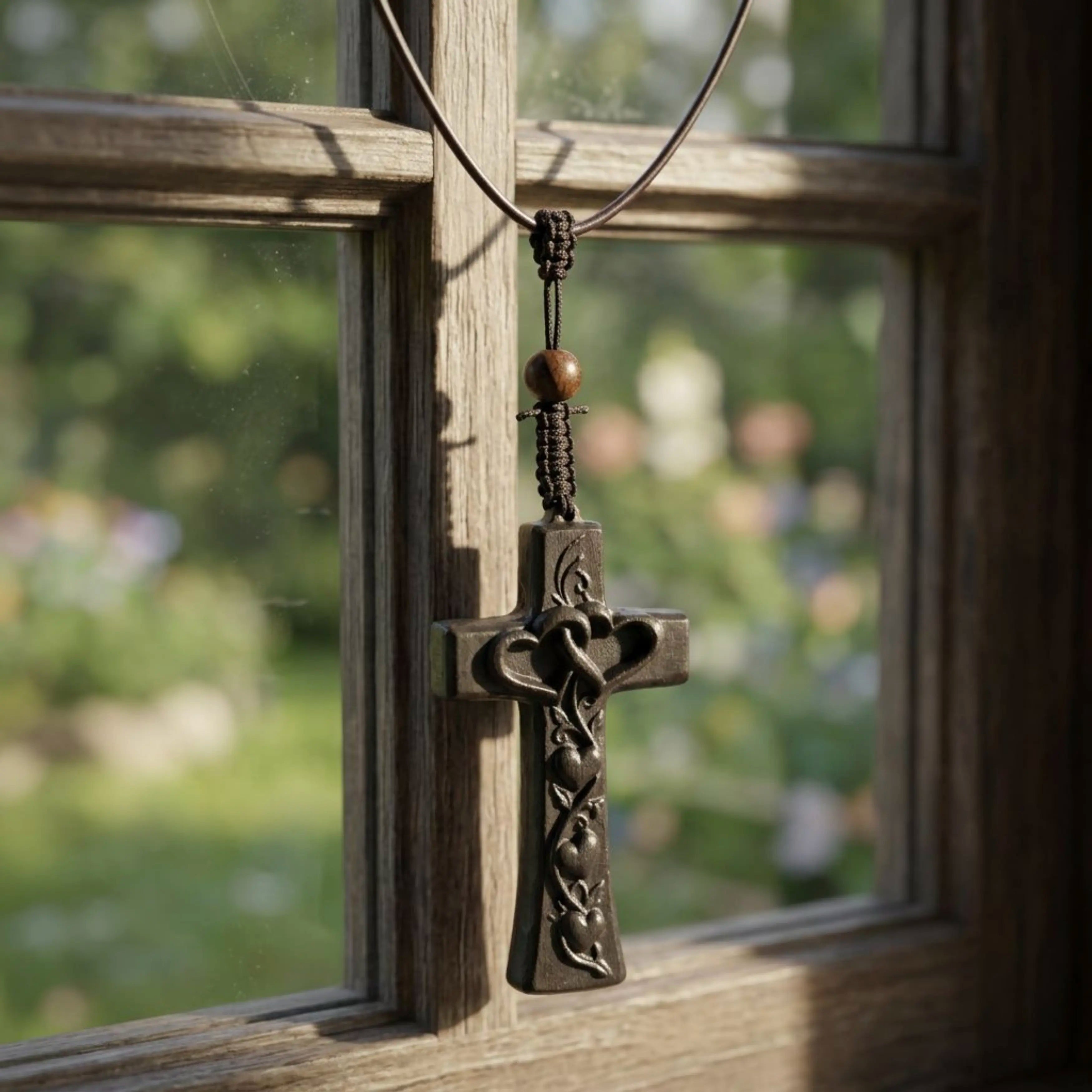 Interlocking Hearts Cross Necklace – Handmade Reclaimed Ebony Wood Pendant