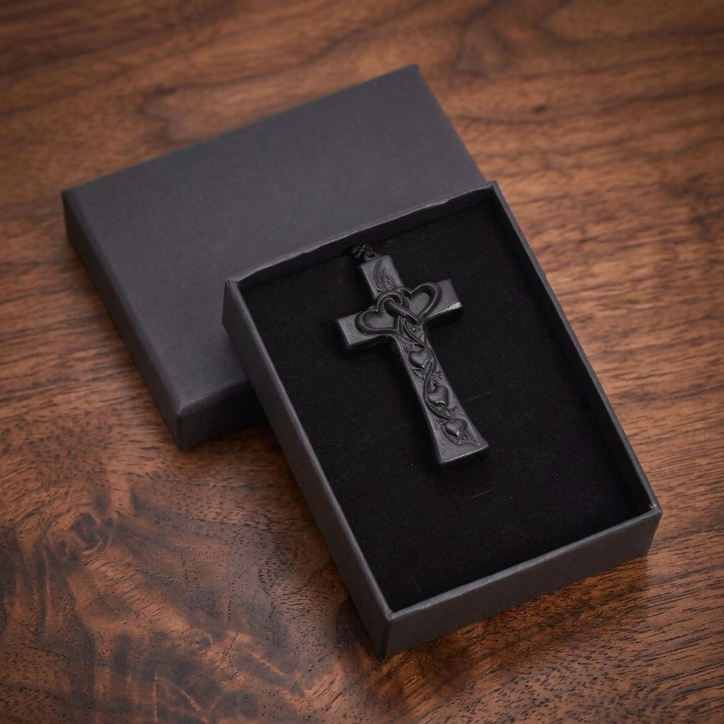 Interlocking Hearts Cross Necklace – Handmade Reclaimed Ebony Wood Pendant