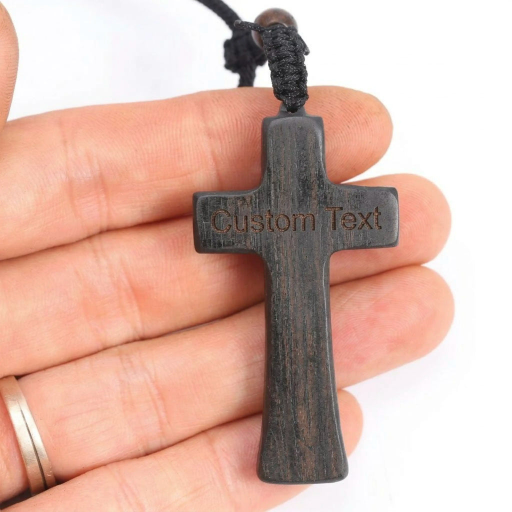 Interlocking Hearts Cross Necklace – Handmade Reclaimed Ebony Wood Pendant