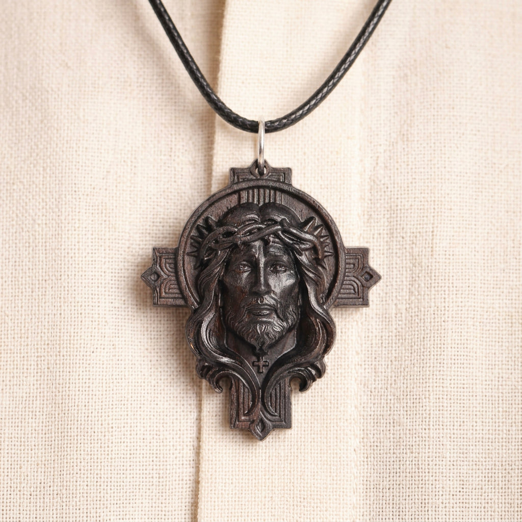 Handcrafted Ebony Wood Jesus Cross Pendant Necklace – Personalized Catholic Jewelry – Reclaimed Antique Hardwood Christian Gift
