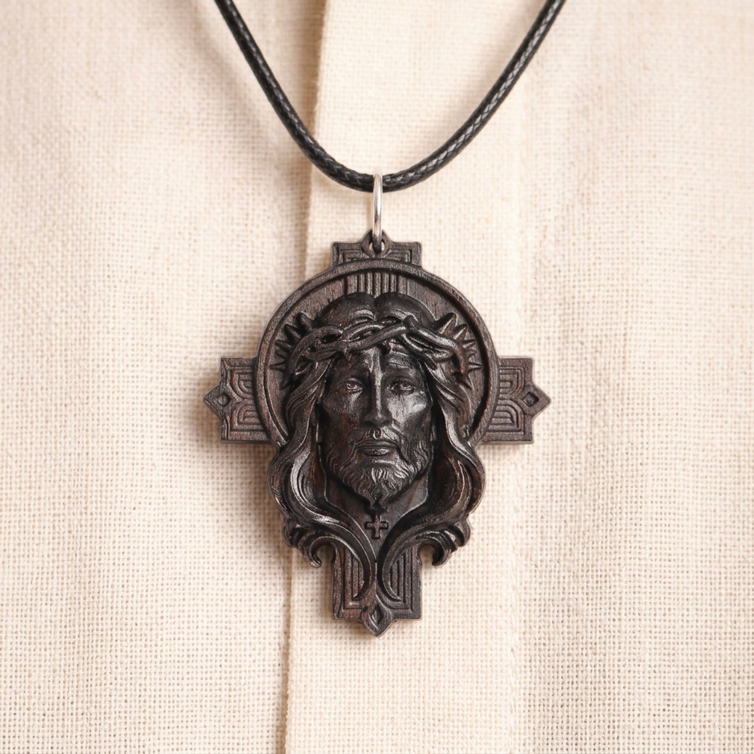Handcrafted Ebony Wood Jesus Cross Pendant Necklace – Personalized Catholic Jewelry – Reclaimed Antique Hardwood Christian Gift