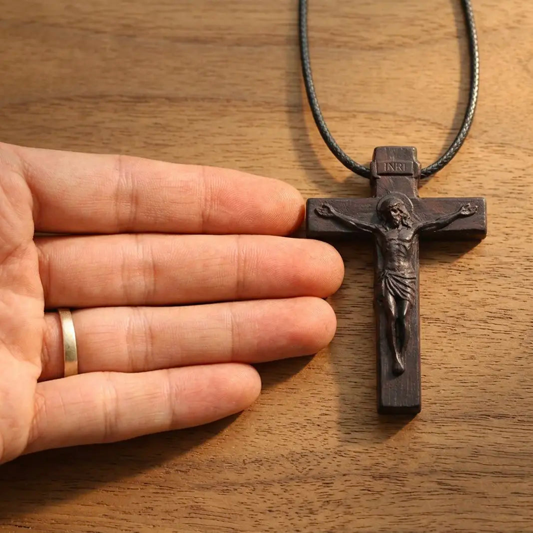 Jesus Cross Pendant Necklace – Handcrafted Ebony Wood Crucifix, Personalized Christian Cross Necklace