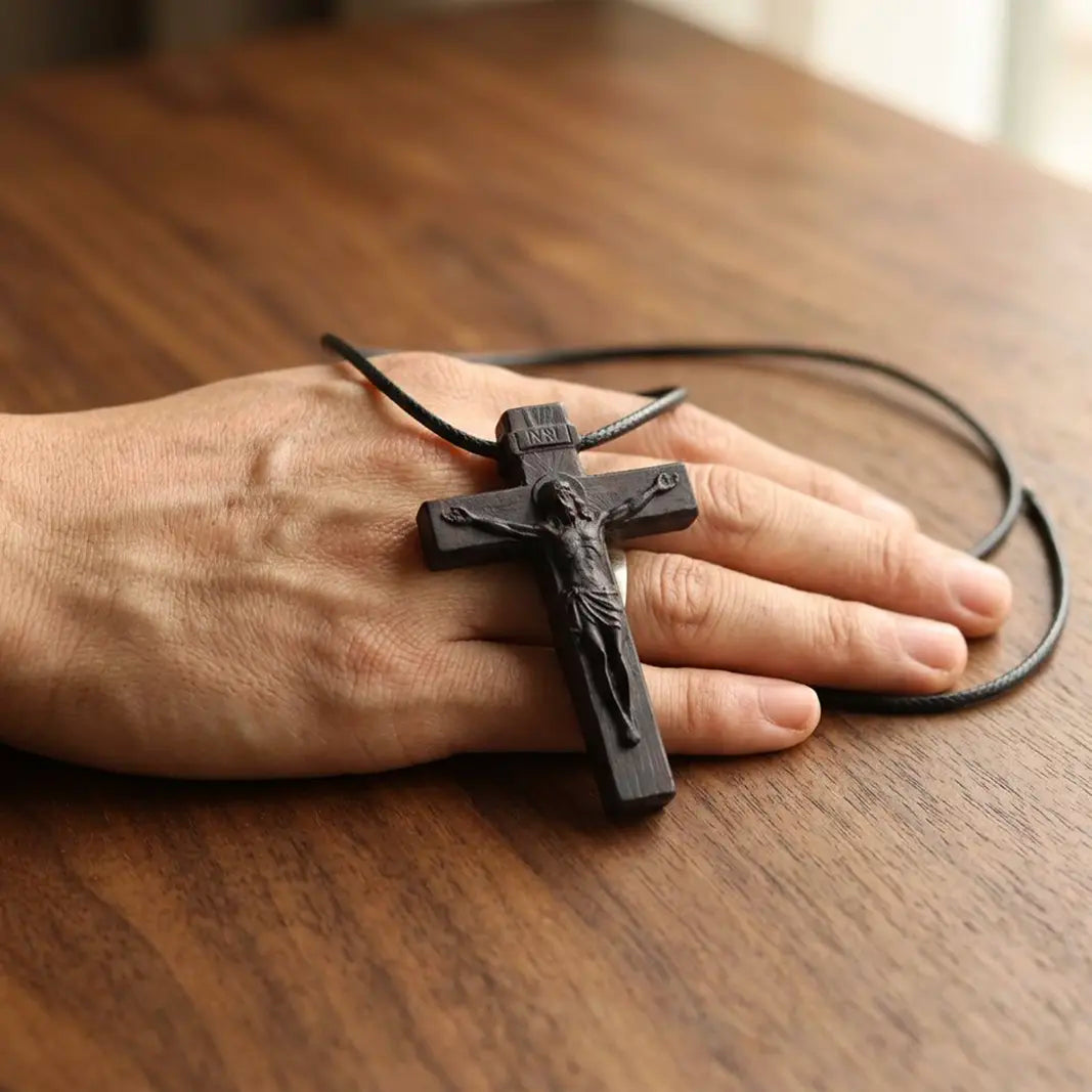 Jesus Cross Pendant Necklace – Handcrafted Ebony Wood Crucifix, Personalized Christian Cross Necklace
