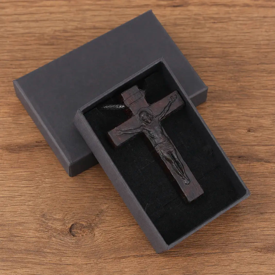 Jesus Cross Pendant Necklace – Handcrafted Ebony Wood Crucifix, Personalized Christian Cross Necklace