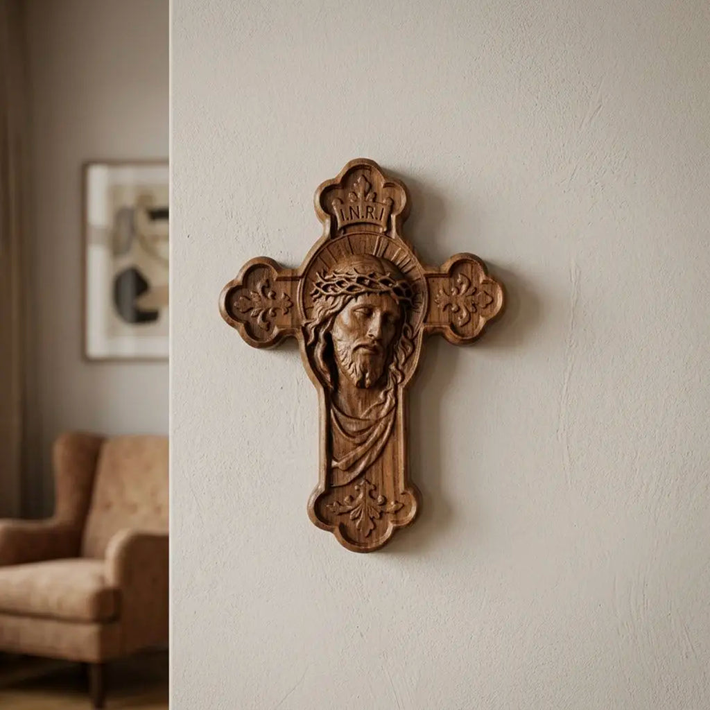 Jesus Face Cross 3D STL Model - Ornate Relief File for CNC Router & 3D Printing