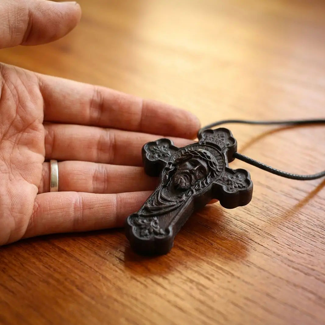 Jesus Face Cross Pendant Necklace – Handcrafted Ebony Wood Crucifix Necklace, Personalized Wooden Cross