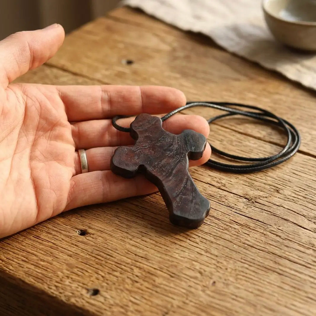 Jesus Face Cross Pendant Necklace – Handcrafted Ebony Wood Crucifix Necklace, Personalized Wooden Cross