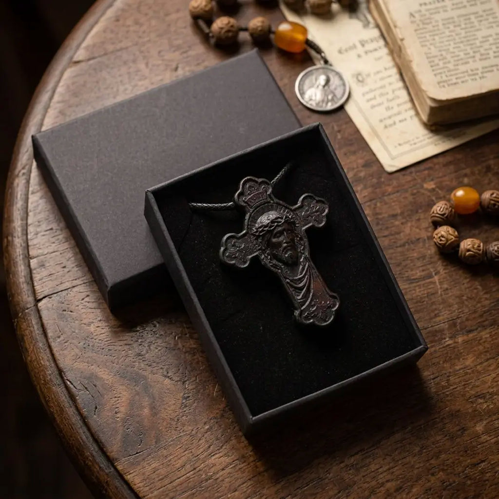 Jesus Face Cross Pendant Necklace – Handcrafted Ebony Wood Crucifix Necklace, Personalized Wooden Cross
