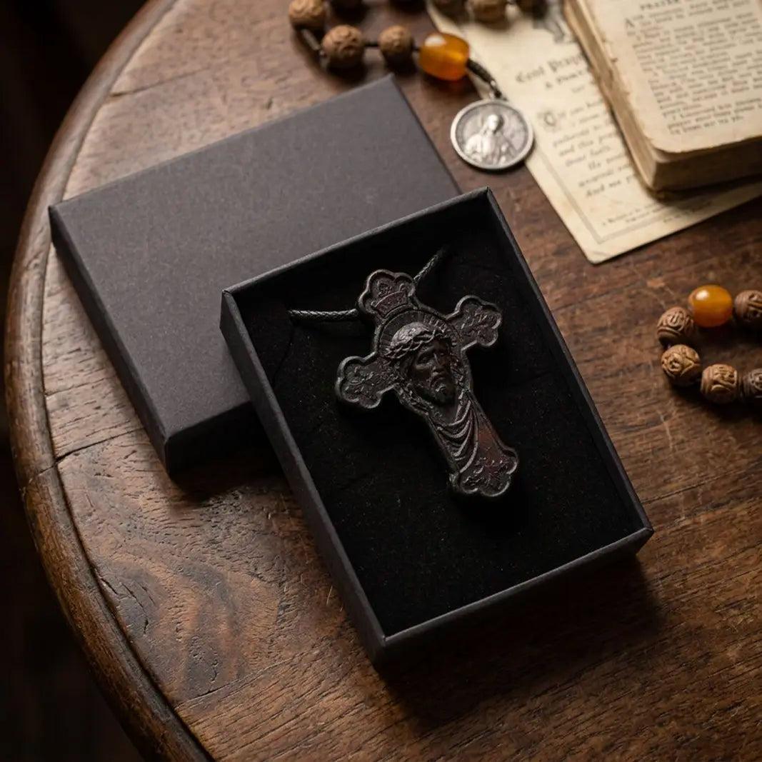 Jesus Face Cross Pendant Necklace – Handcrafted Ebony Wood Crucifix Necklace, Personalized Wooden Cross