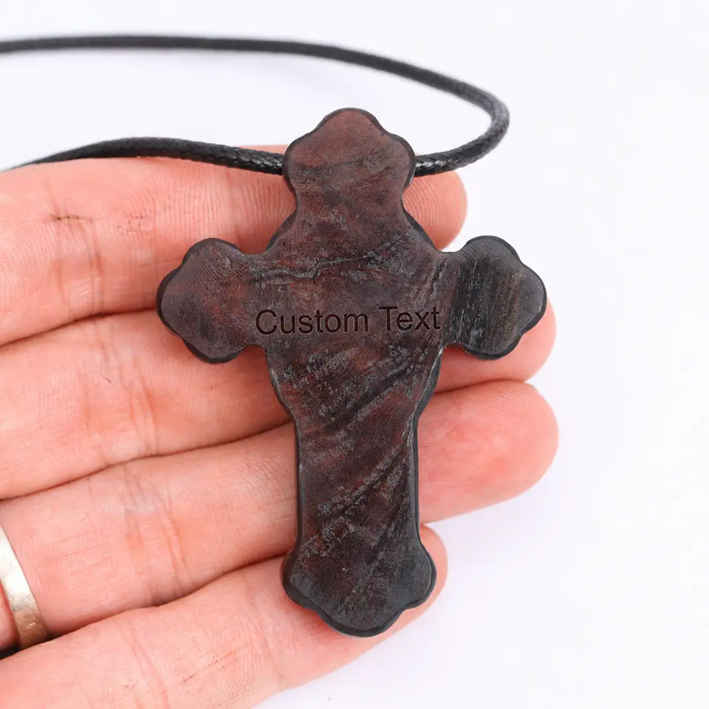Jesus Face Cross Pendant Necklace – Handcrafted Ebony Wood Crucifix Necklace, Personalized Wooden Cross
