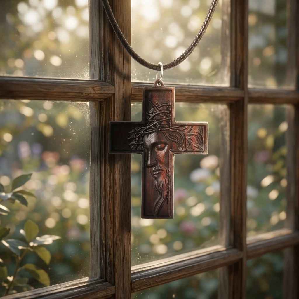 Jesus Portrait Cross Necklace – Handmade Ebony Wood Crucifix Pendant