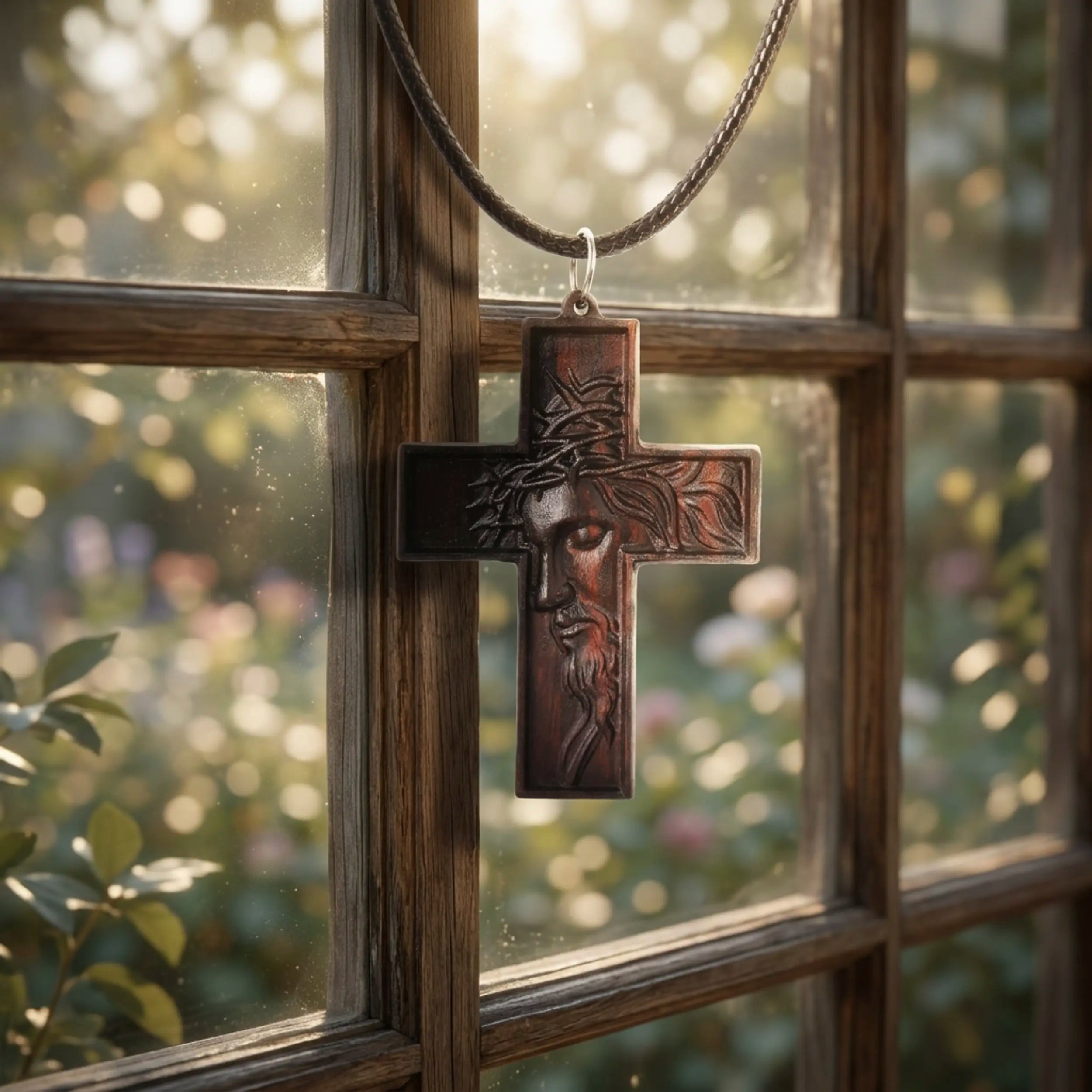 Jesus Portrait Cross Necklace – Handmade Ebony Wood Crucifix Pendant