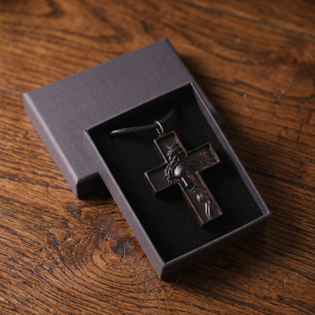 Jesus Portrait Cross Necklace – Handmade Ebony Wood Crucifix Pendant